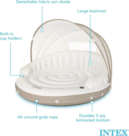 58292EP Canopy Island Inflatable Pool Float, Comfortable Lounge Surface Built-in Cup Holders Detachable Sunshade 440lb MAX Weight Capacity 78.5" x 59"