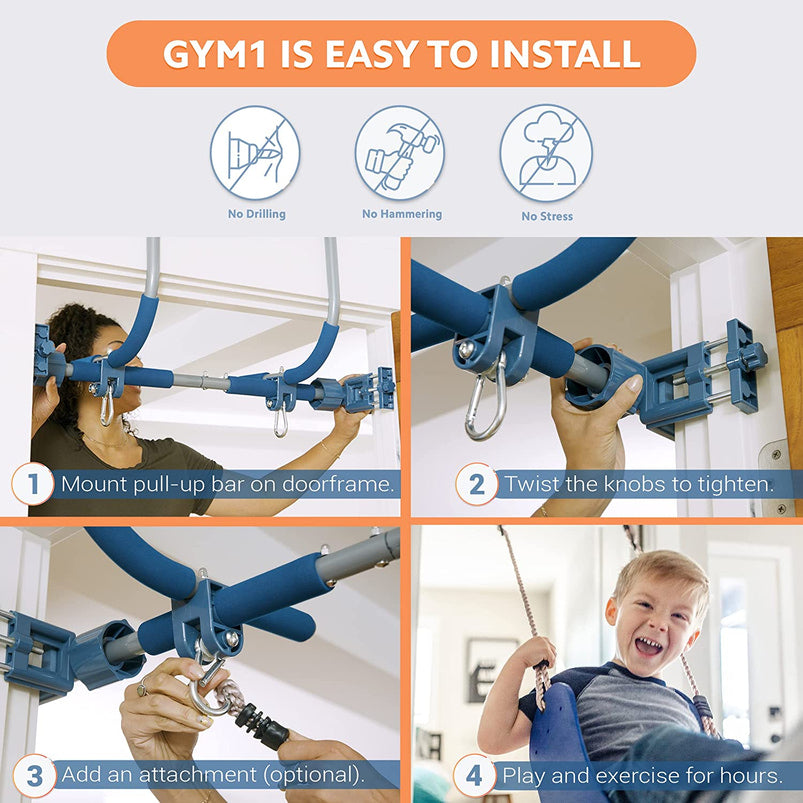 6 Piece Indoor Doorway Gym Set for Kids, Indoor Swing for Kids Includes Kids Swing Chair, Rings, Hanging Trapeze, Ladder, Swinging Rope and Pullup Bar