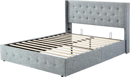 Allewie Queen Size Lift up Storage Bed, Modern Wingback Headboard, Hydraulic Support, Light Beige