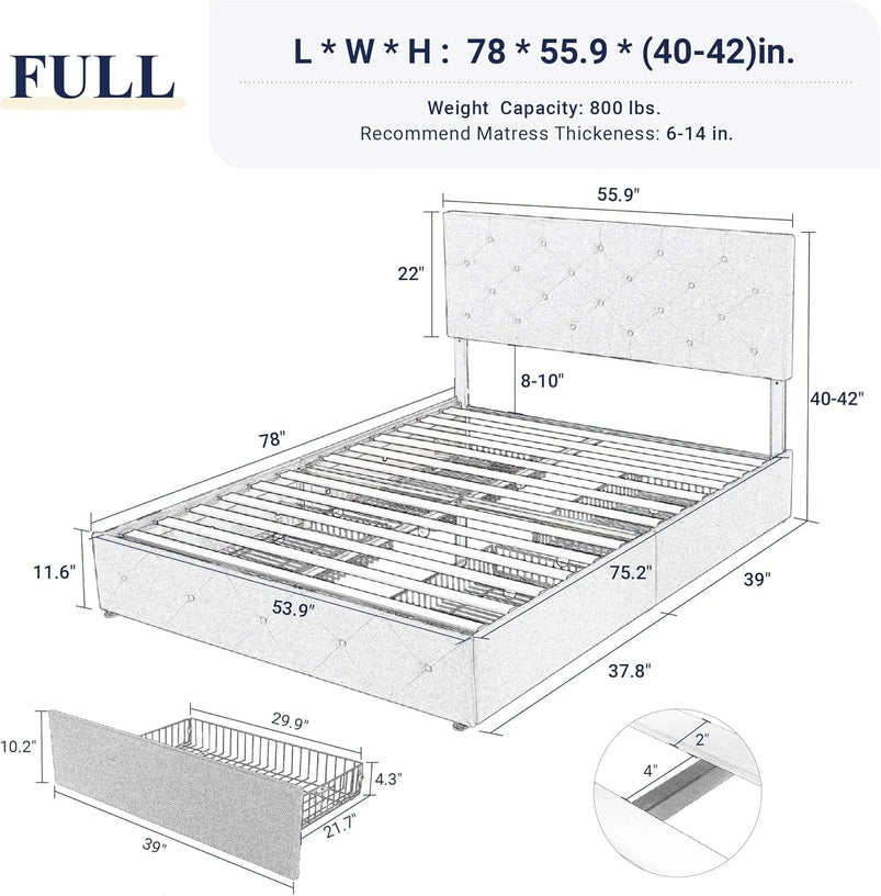Allewie Upholstered Queen Size Platform Bed Frame with 4 Storage Drawers and Headboard, Square Stitched Button Tufted