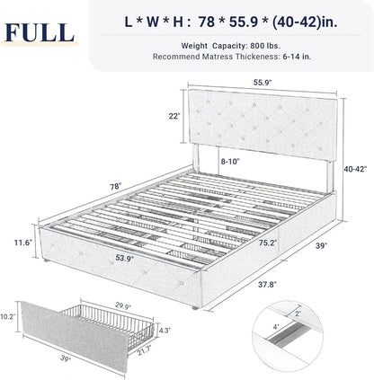 Allewie Upholstered Queen Size Platform Bed Frame with 4 Storage Drawers and Headboard, Square Stitched Button Tufted