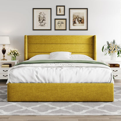 Allewie Queen Size Lift up Storage Bed, Modern Wingback Headboard, Hydraulic Support, Light Beige