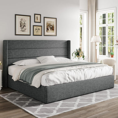 Allewie Queen Size Lift up Storage Bed, Modern Wingback Headboard, Hydraulic Support, Light Beige
