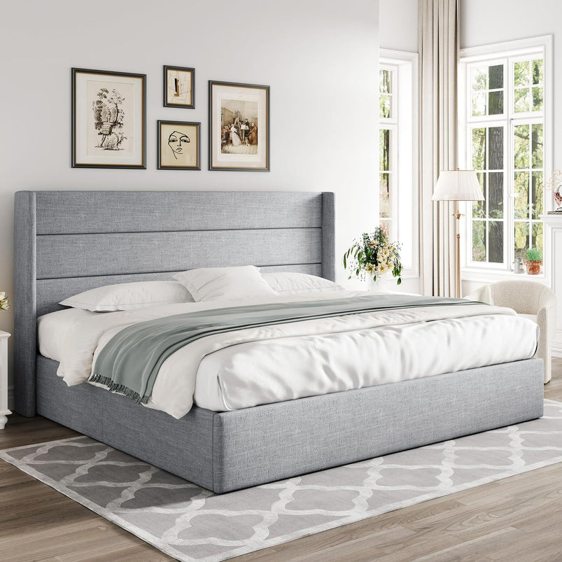 Allewie Queen Size Lift up Storage Bed, Modern Wingback Headboard, Hydraulic Support, Light Beige