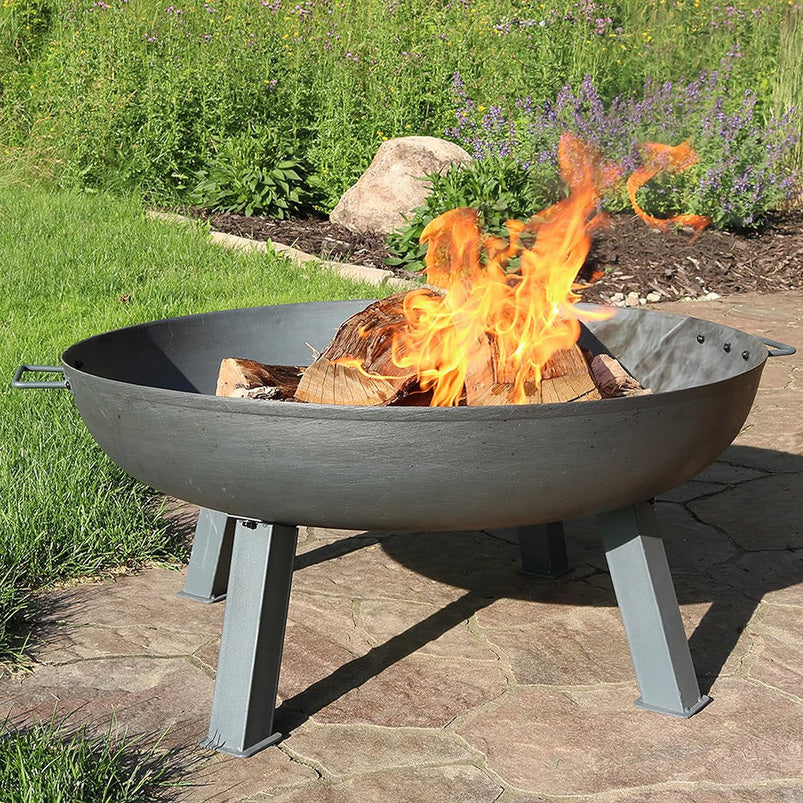 34-Inch Rustic Cast Iron Outdoor Raised Fire Pit Bowl with Handles, Oxidized Finish