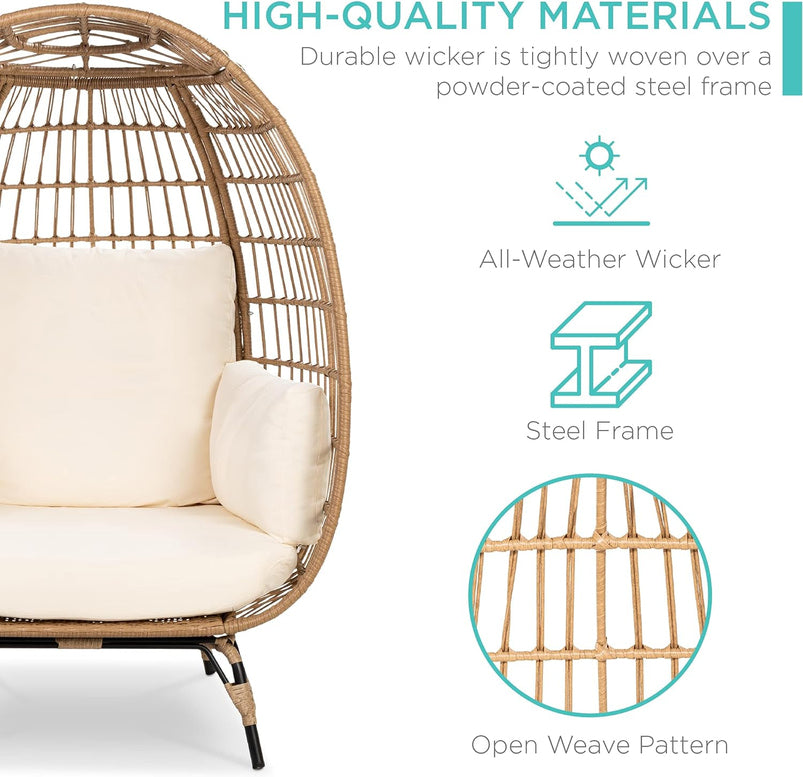 Best Choice Products Wicker Egg Chair, Oversized Indoor Outdoor Lounger for Patio, Backyard, Living Room W/ 4 Cushions, Steel Frame, 440lb Capacity