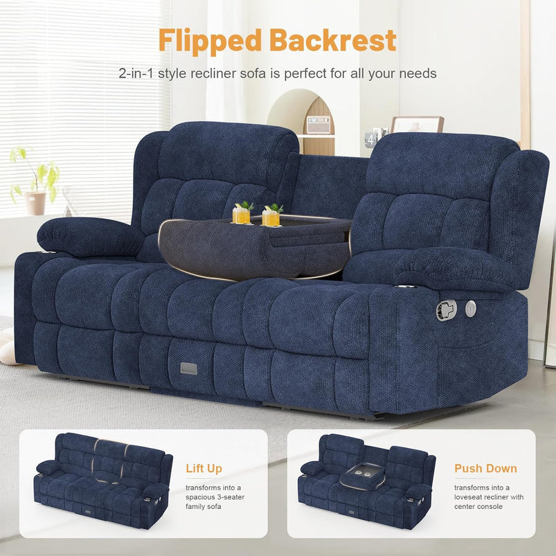 3 Seat Reclining Sofa with Storage Drawer USB Ports and Cup Holders Manual Couch
