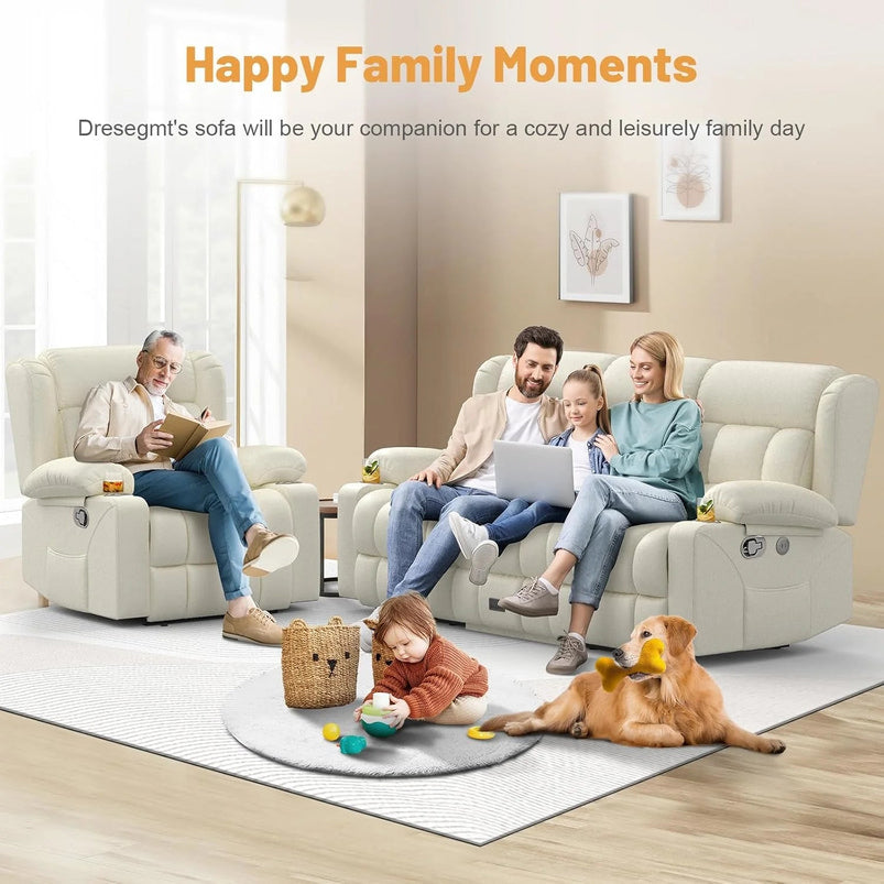 3 Seat Reclining Sofa with Storage Drawer USB Ports and Cup Holders Manual Couch