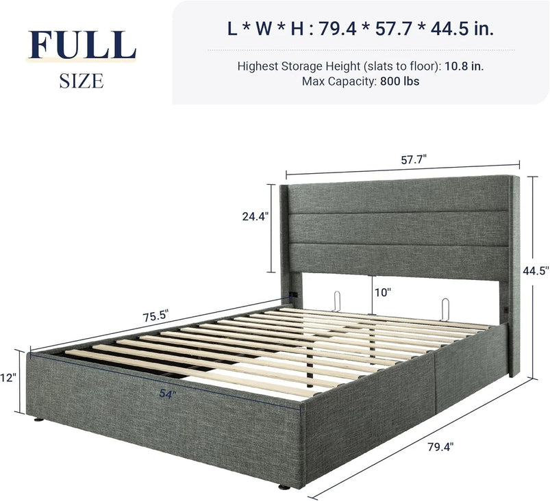 Allewie Queen Size Lift up Storage Bed, Modern Wingback Headboard, Hydraulic Support, Light Beige