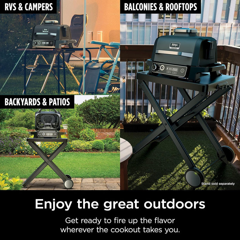 7-in-1 Grill and Smoker with Thermometer, Air Fryer, BBQ, Bake, Roast, Broil, Portable Electric Outdoor Grill, Grey