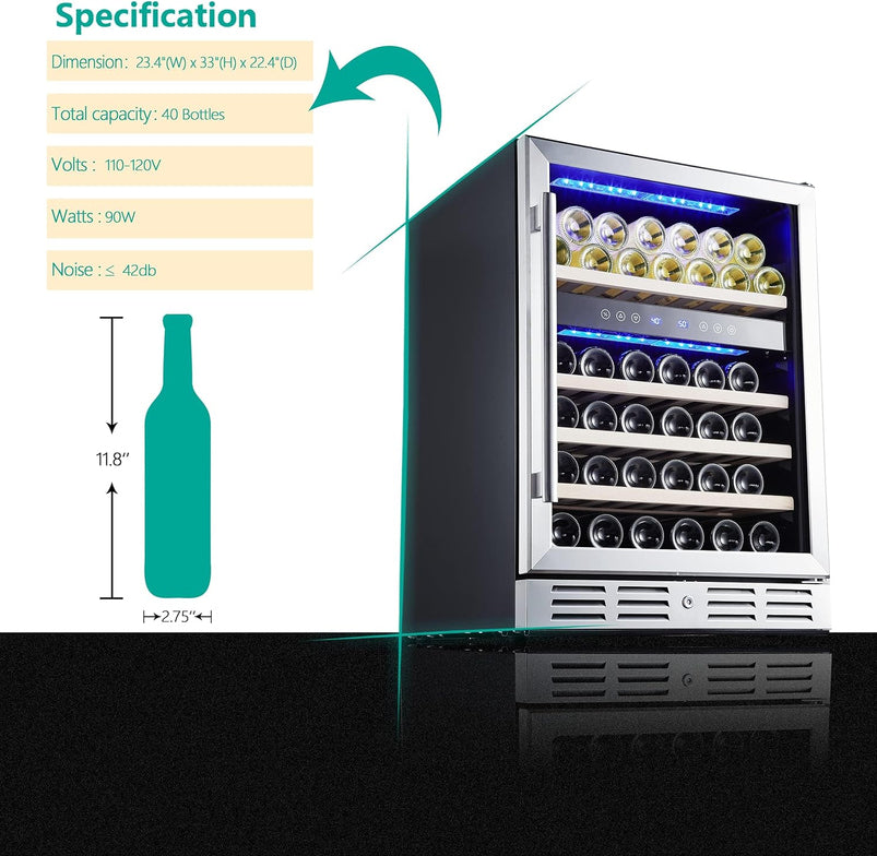 24 Inch Wine Cooler, 46 Bottle, Dual Zone Built-in or Freestanding Fridge with Stainless Steel Reversible Glass Door, for Home, Kitchen, or Office