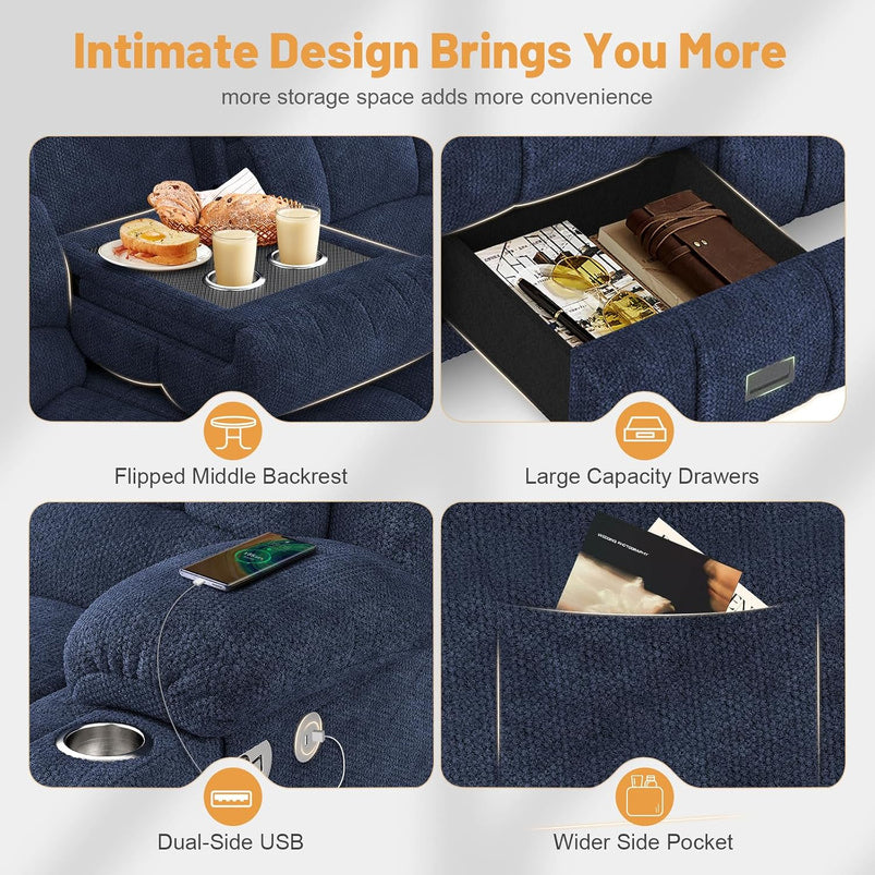 3 Seat Reclining Sofa with Storage Drawer USB Ports and Cup Holders Manual Couch