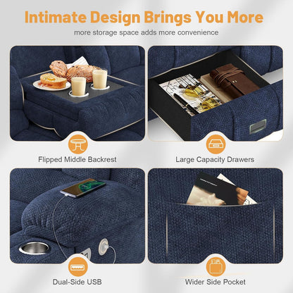3 Seat Reclining Sofa with Storage Drawer USB Ports and Cup Holders Manual Couch