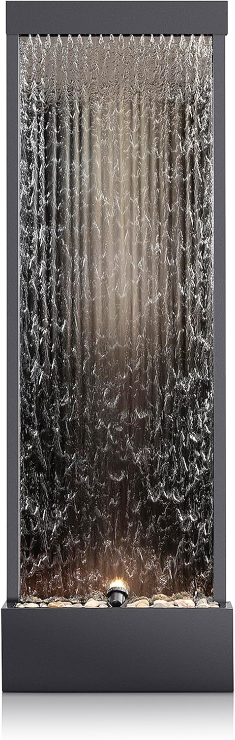 Alpine Mirror Waterfall Fountain with Stones and Lights, 72", Indoor/Outdoor Zen Decor