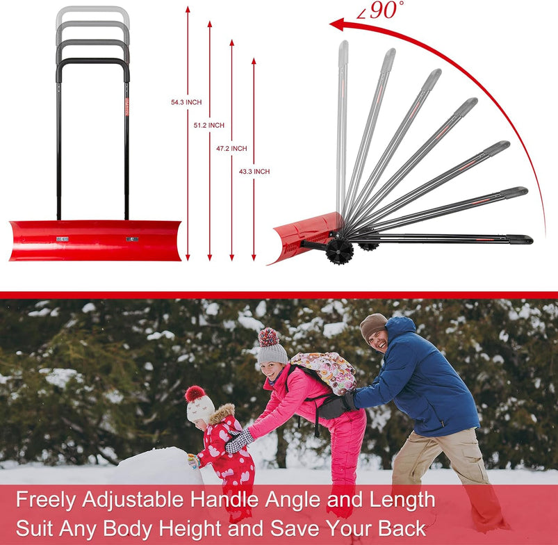 38 Inch Snow Shovel for Driveway, Bi-Direction Heavy Duty Snow Pusher with Wheels and Angled Blade for Efficient Snow Removal