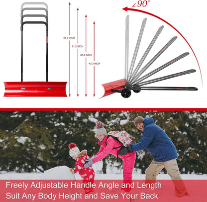 38 Inch Snow Shovel for Driveway, Bi-Direction Heavy Duty Snow Pusher with Wheels and Angled Blade for Efficient Snow Removal