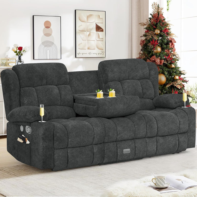 3 Seat Reclining Sofa with Storage Drawer USB Ports and Cup Holders Manual Couch