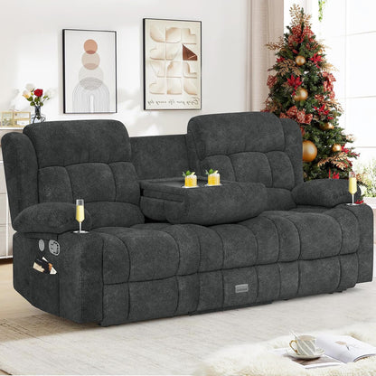 3 Seat Reclining Sofa with Storage Drawer USB Ports and Cup Holders Manual Couch