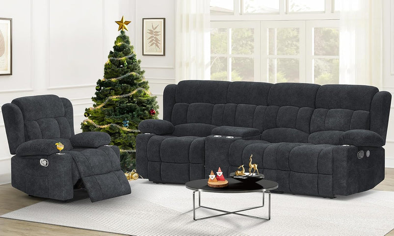 3 Seat Reclining Sofa with Storage Drawer USB Ports and Cup Holders Manual Couch