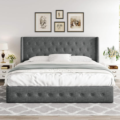 Allewie Queen Size Lift up Storage Bed, Modern Wingback Headboard, Hydraulic Support, Light Beige