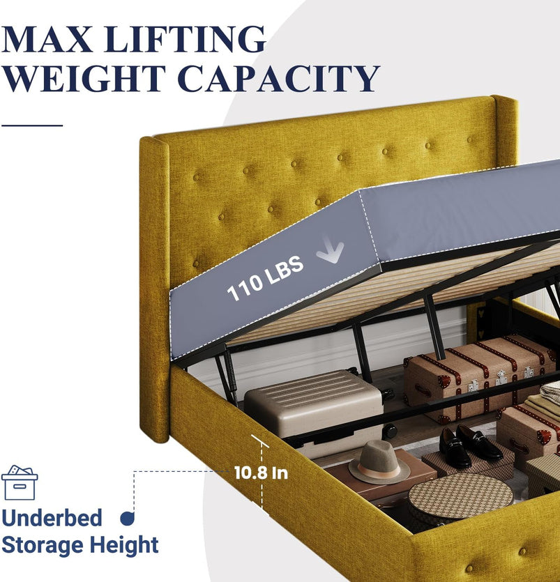 Allewie Queen Size Lift up Storage Bed, Modern Wingback Headboard, Hydraulic Support, Light Beige