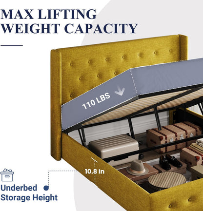 Allewie Queen Size Lift up Storage Bed, Modern Wingback Headboard, Hydraulic Support, Light Beige
