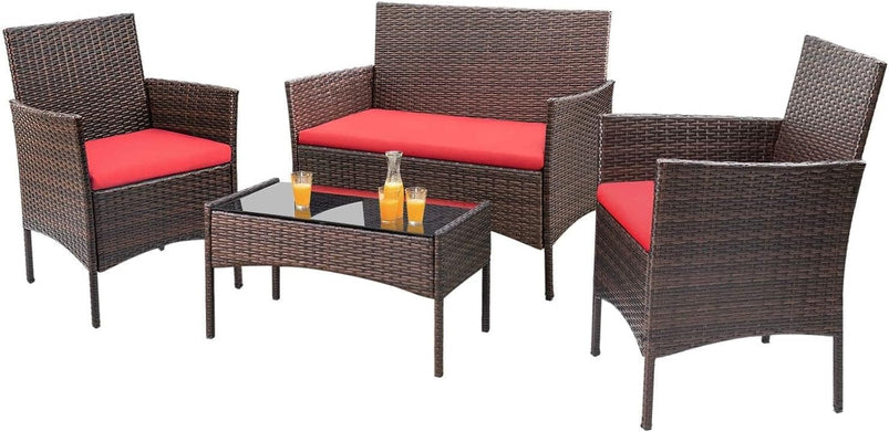 4 Pieces Patio Rattan Chair Wicker, Outdoor Indoor Use Backyard Porch Garden Poolside Balcony Furniture Sets Red