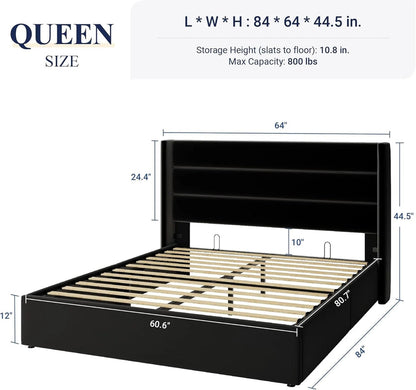 Allewie Queen Size Lift up Storage Bed, Modern Wingback Headboard, Hydraulic Support, Light Beige