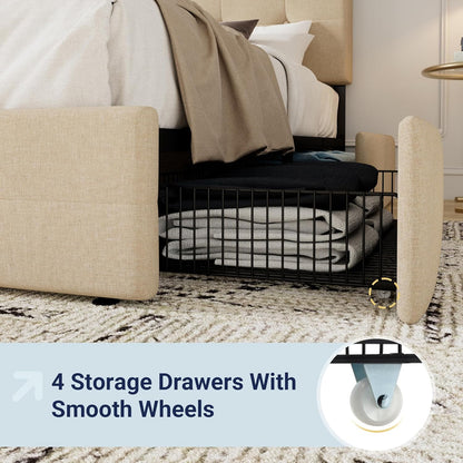 Allewie Upholstered Queen Size Platform Bed Frame with 4 Storage Drawers and Headboard, Square Stitched Button Tufted