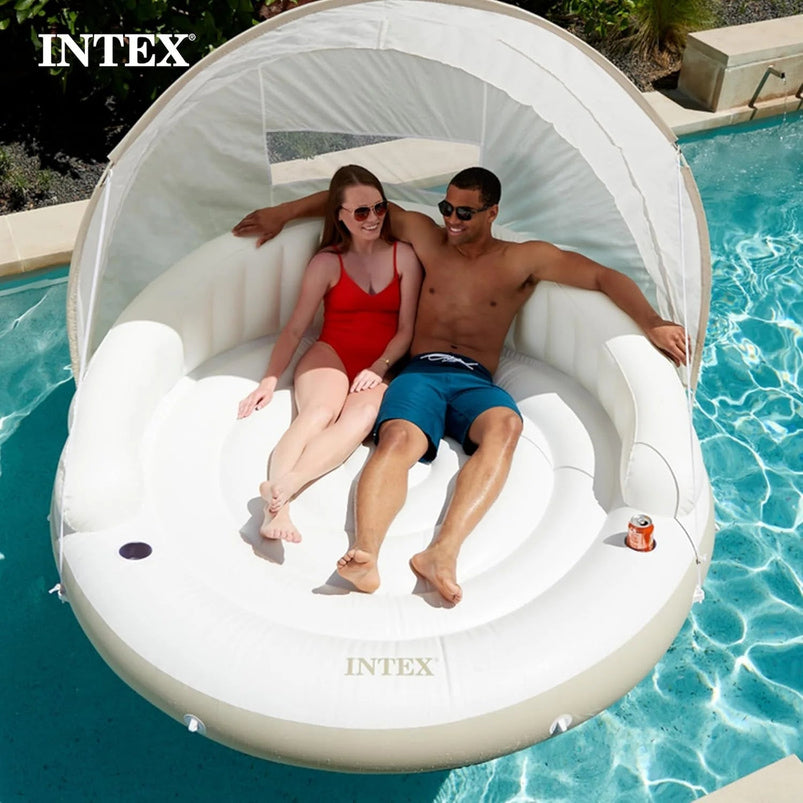 58292EP Canopy Island Inflatable Pool Float, Comfortable Lounge Surface, Built-in Cup Holders, Detachable Sunshade, 440lb MAX Weight Capacity