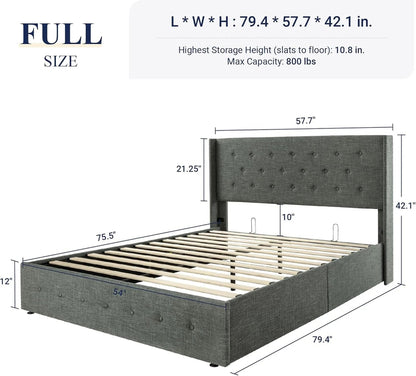 Allewie Queen Size Lift up Storage Bed, Modern Wingback Headboard, Hydraulic Support, Light Beige