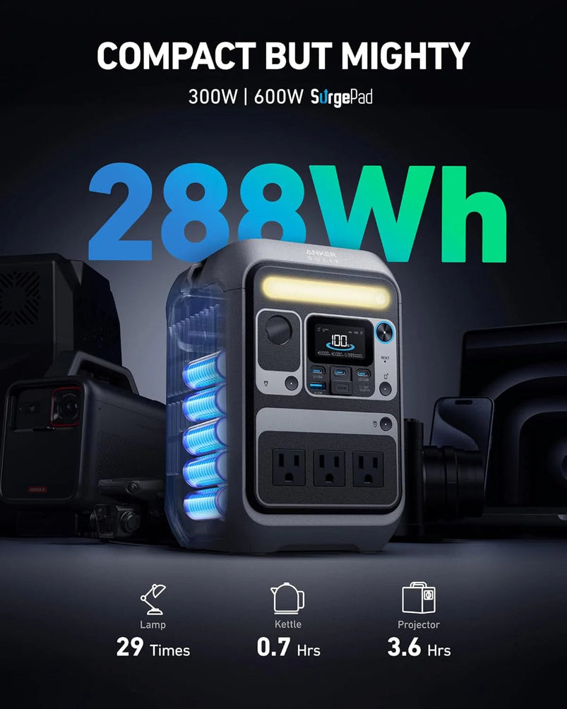 Anker Solar Generator Solix C300 with 60W Solar Panel, 288Wh Portable Power Station, 300W 600W Surge, LiFePO4 Battery, 140W Two-Way Fast Charging