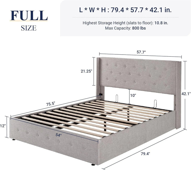 Allewie Queen Size Lift up Storage Bed, Modern Wingback Headboard, Hydraulic Support, Light Beige