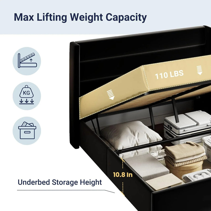 Allewie Queen Size Lift up Storage Bed, Modern Wingback Headboard, Hydraulic Support, Light Beige