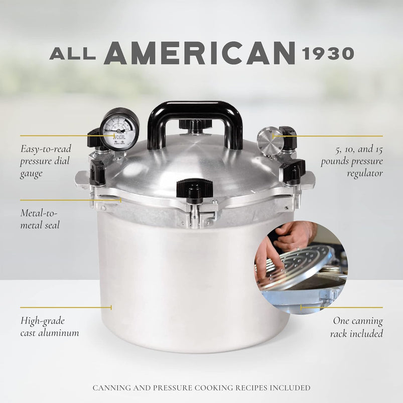 All American 1930, 21.5qt Pressure Cooker/Canner the 921, Metal to Metal Sealing System, Easy to Open and Close, Suitable for Gas, Electric