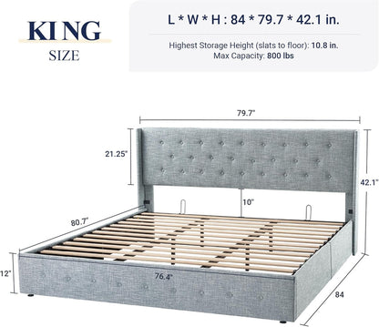 Allewie Queen Size Lift up Storage Bed, Modern Wingback Headboard, Hydraulic Support, Light Beige