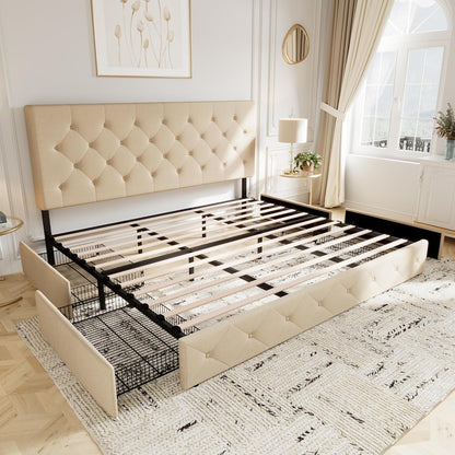Allewie Upholstered Queen Size Platform Bed Frame with 4 Storage Drawers and Headboard, Square Stitched Button Tufted