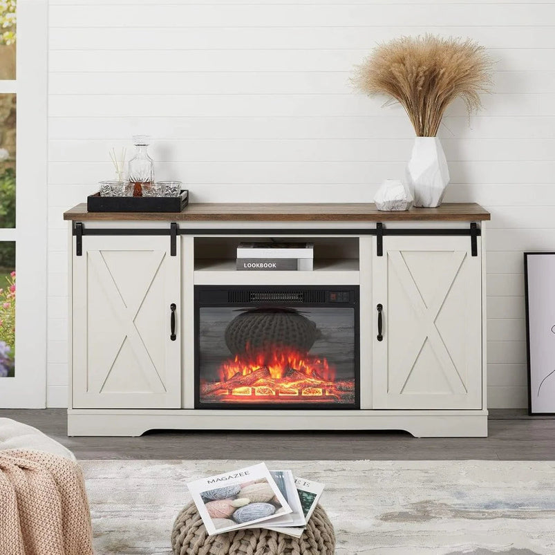 Amerlife Fireplace TV Stand with Sliding Barn Door for Tvs up to 73"