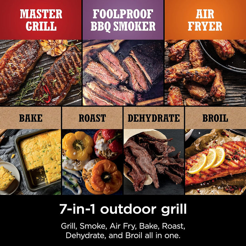 7-in-1 Grill and Smoker with Thermometer, Air Fryer, BBQ, Bake, Roast, Broil, Portable Electric Outdoor Grill, Grey