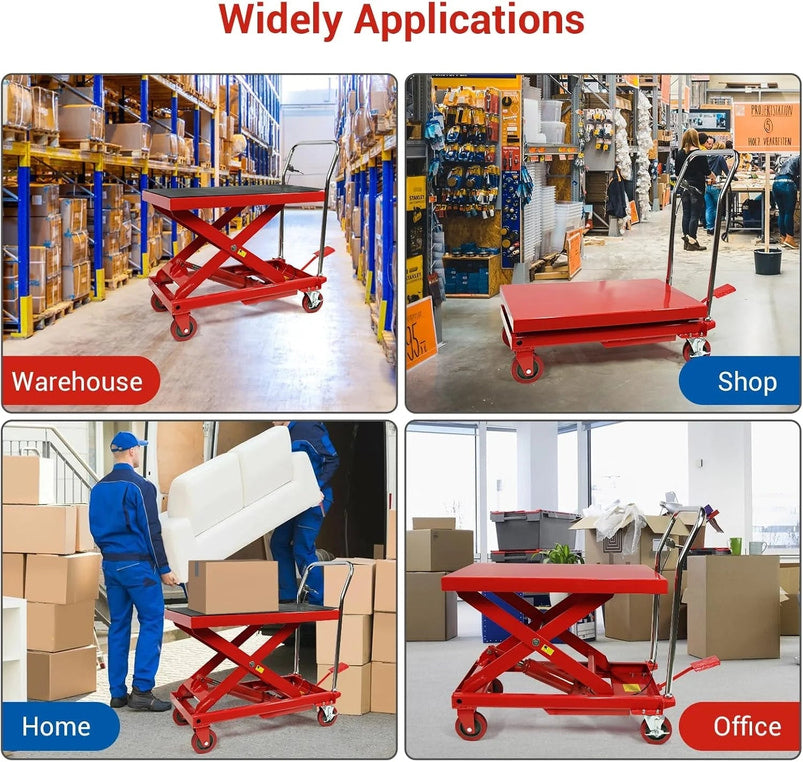 500LBS Hydraulic Lift Table Cart, 30" Lifting Height., Double Scissor Lift Table with 4 Wheels and Non-Slip Pad