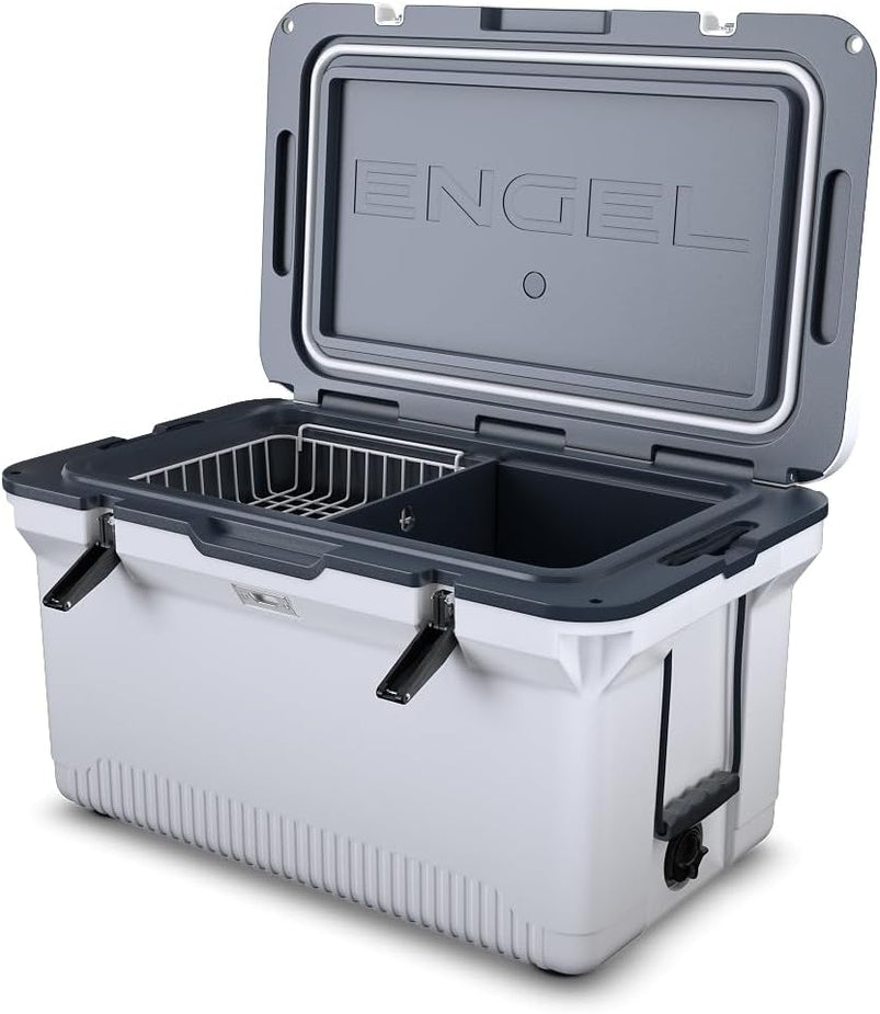 60 QT Ultra-Light Injection Molded Cooler, Ice Chest Keeps Ice up to 7 Days, Large Cooler Includes Wire Basket, Divider and Built-in Bottle Opener