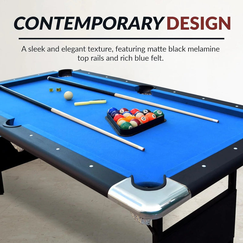 6 Ft Portable Pool Table, Adults Folding Billiards Tables for Game Room with Easy Foldable Storage, Includes Full Set of Billiard Balls, Cues