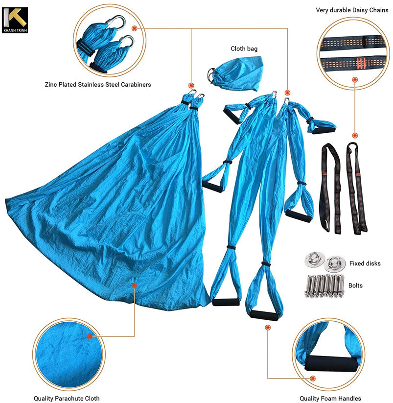 Air Yoga Equipment Set Includes, Blue Aerial Yoga Hammock and the Height-Adjustable Foldable Sturdy Durable Kt Yoga Swing Stand Frame