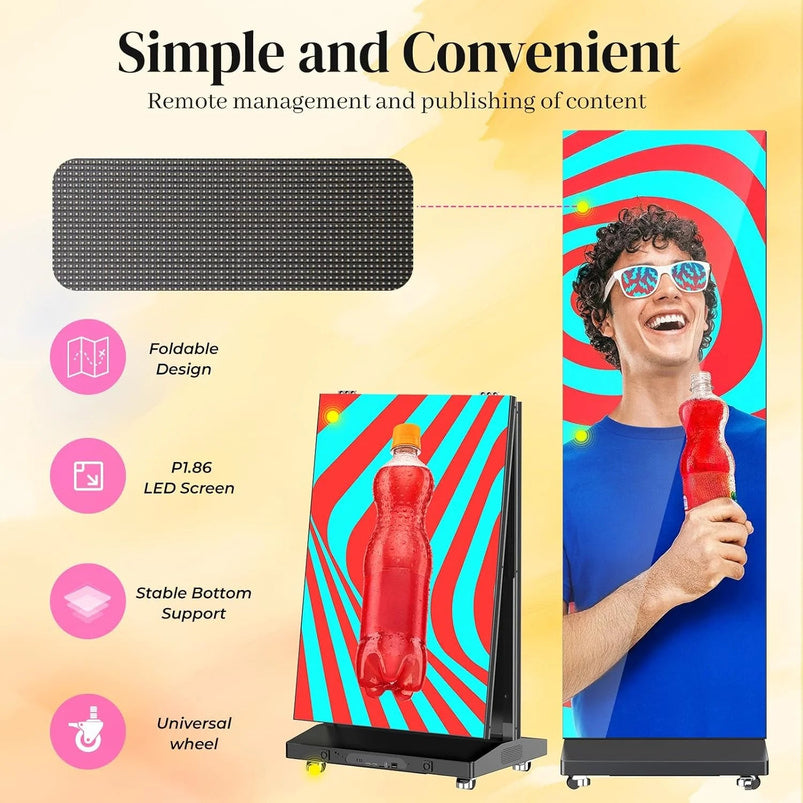 80" P1.86 Flexible Spliceable LED Poster Display, USB Plug-and-Play, Mobile and Pc Remote Control, Digital Signage Advertising Screen Silver, 1-Pack