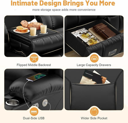 3 Seat Reclining Sofa with Storage Drawer USB Ports and Cup Holders Manual Couch