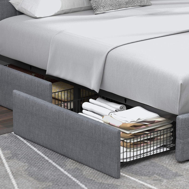 Allewie Upholstered Queen Size Platform Bed Frame with 4 Storage Drawers and Headboard, Square Stitched Button Tufted