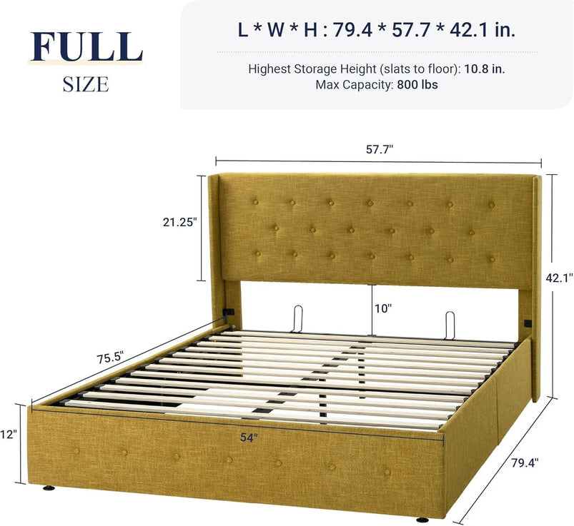 Allewie Queen Size Lift up Storage Bed, Modern Wingback Headboard, Hydraulic Support, Light Beige