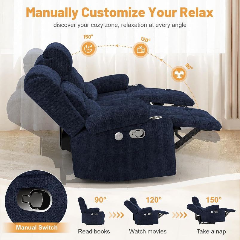 3 Seat Reclining Sofa with Storage Drawer USB Ports and Cup Holders Manual Couch