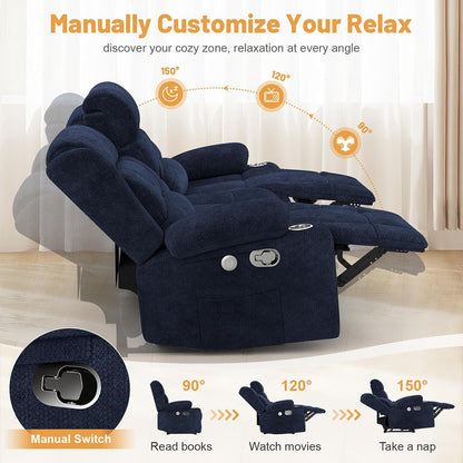 3 Seat Reclining Sofa with Storage Drawer USB Ports and Cup Holders Manual Couch