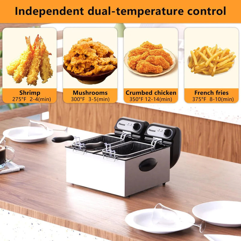 3000W Commercial Electric Deep Fryer with Baskets and Lids, 2x3L Stainless Steel Double Deep Fryer, Small Deep Fryer with Basket, Temperature Control